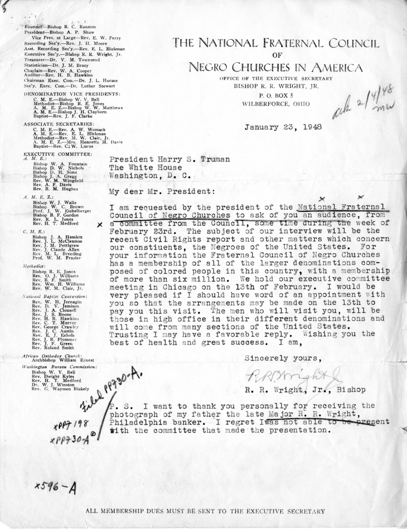 Correspondence Between Matthew J. Connelly and Bishop R. R. Wright, Jr. With Attached Letters from White House Staff