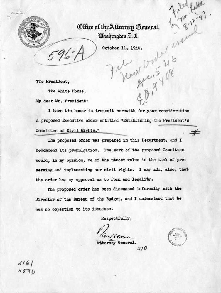 Attorney General Tom Clark to Harry S. Truman, with Attached Proposed Executive Order