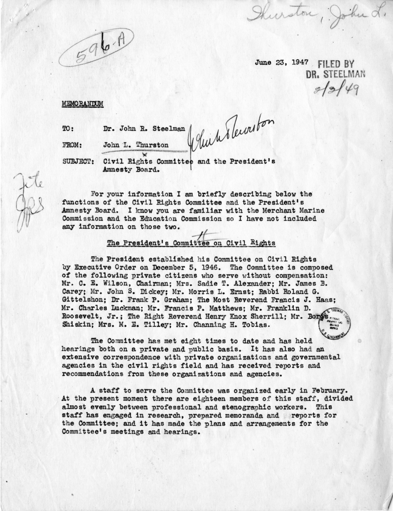 Memorandum, John L. Thurston to John R. Steelman