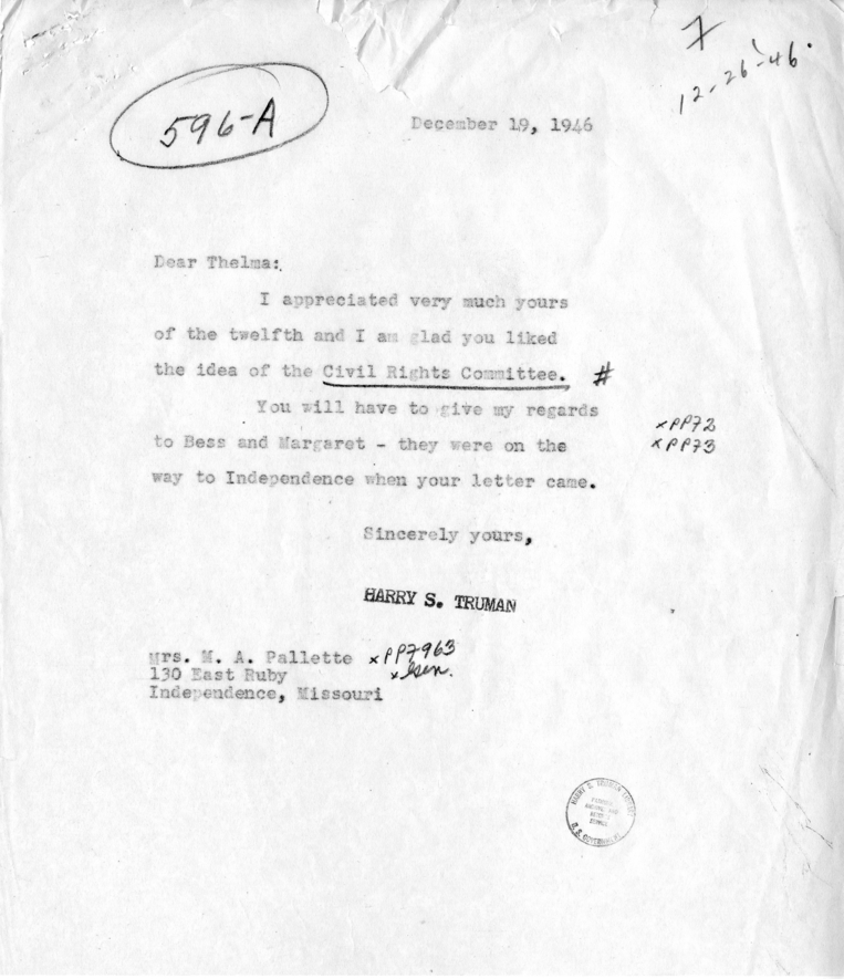 Correspondence Between Thelma Pallette and Harry S. Truman