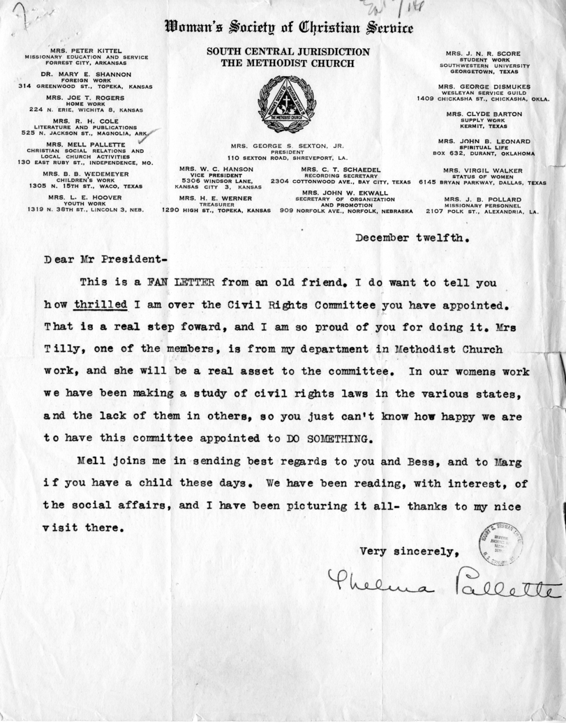 Correspondence Between Thelma Pallette and Harry S. Truman