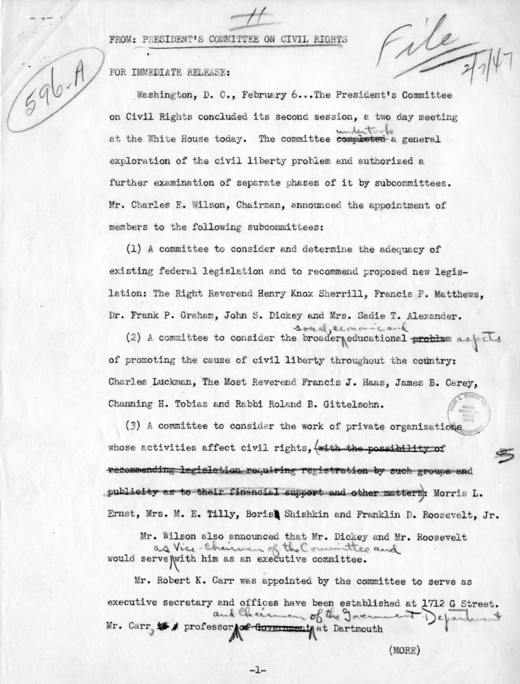 Draft Press Release, President&rsquo;s Committee on Civil Rights