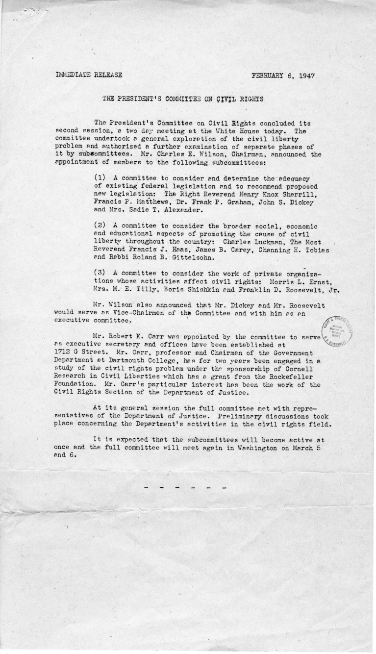 Draft Press Release, President&rsquo;s Committee on Civil Rights
