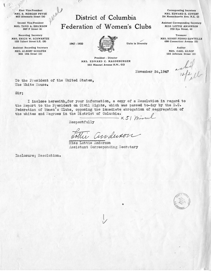Correspondence Between Lottie Anderson and Matthew J. Connelly, With Attachment