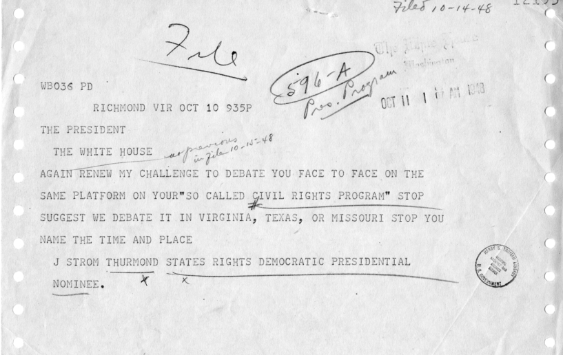 Telegram, J. Strom Thurmond to Harry S. Truman