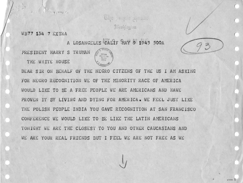 Telegram, Paul Burney to Harry S. Truman