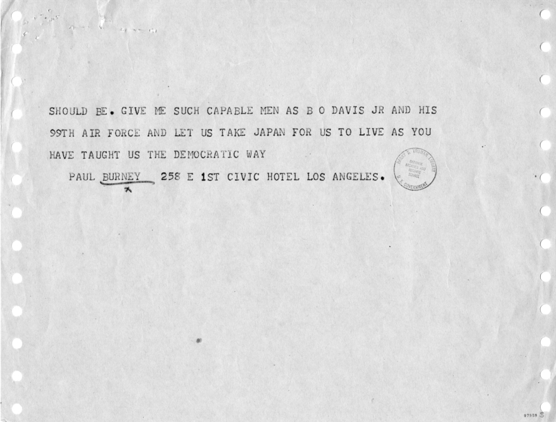 Telegram, Paul Burney to Harry S. Truman