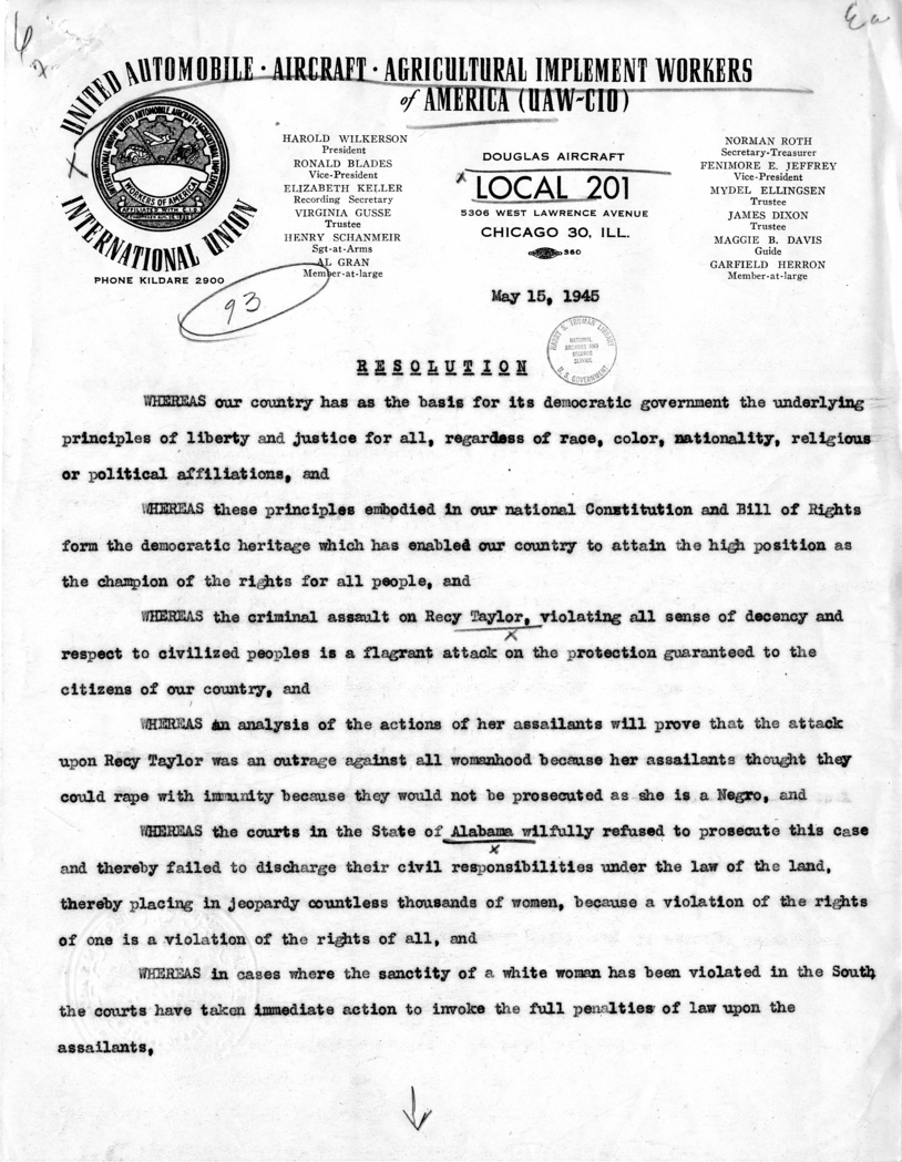 Resolution by the United Automobile, Aircraft, and Agricultural Implement Workers of America (UAW-CIO)