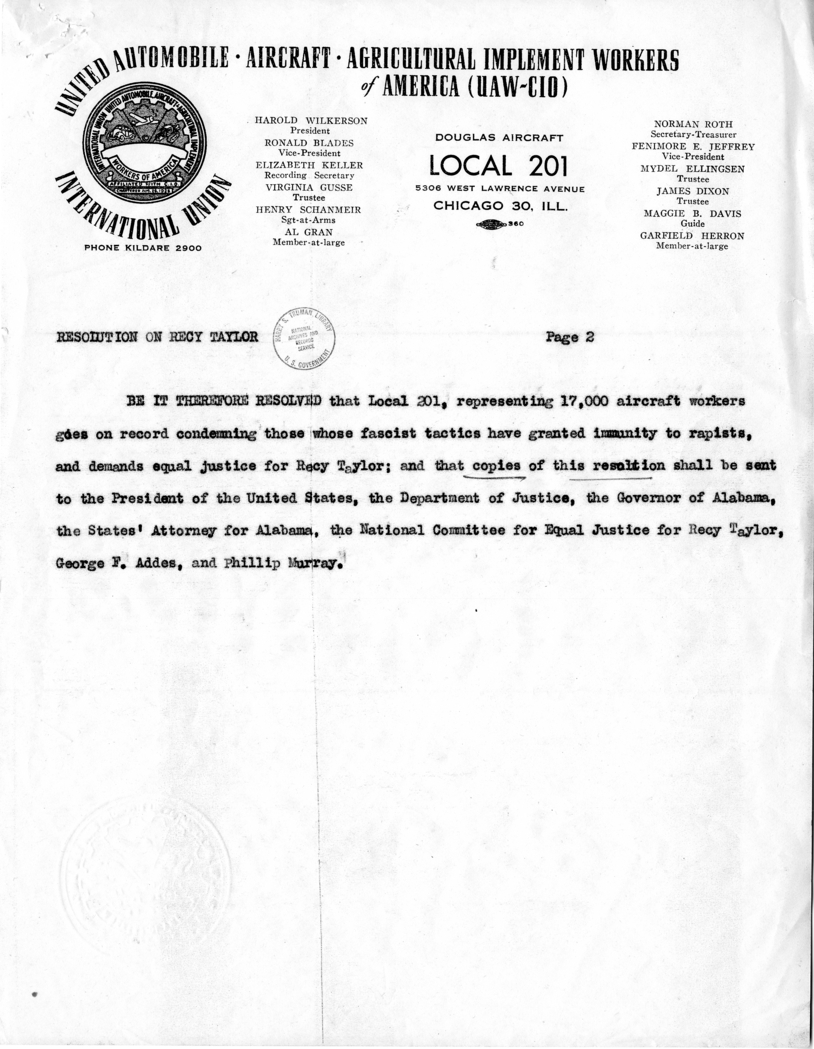 Resolution by the United Automobile, Aircraft, and Agricultural Implement Workers of America (UAW-CIO)