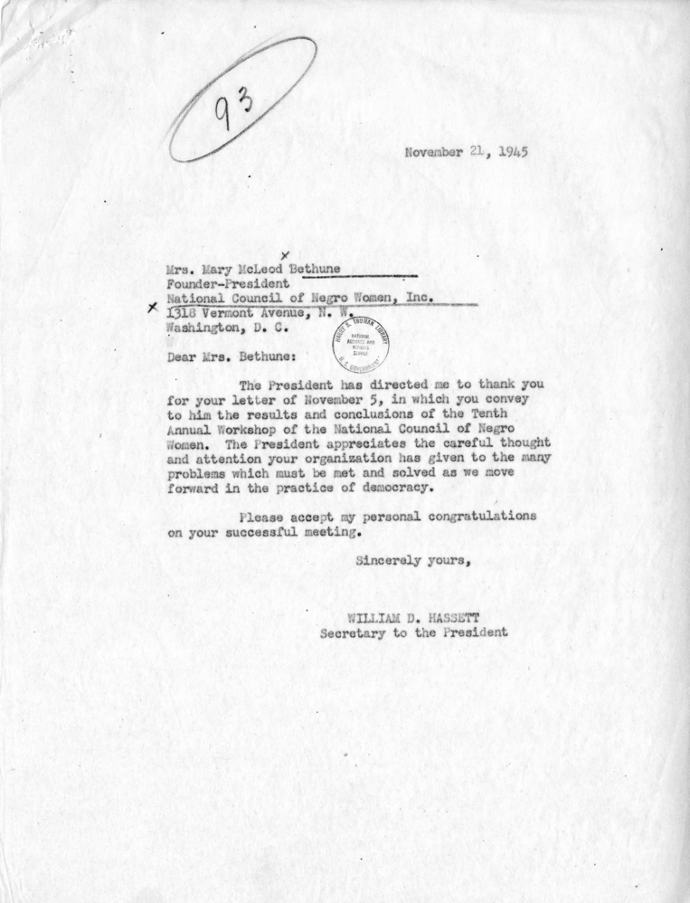 Correspondence Between Mary McLeod Bethune, Harry S. Truman and William D. Hassett