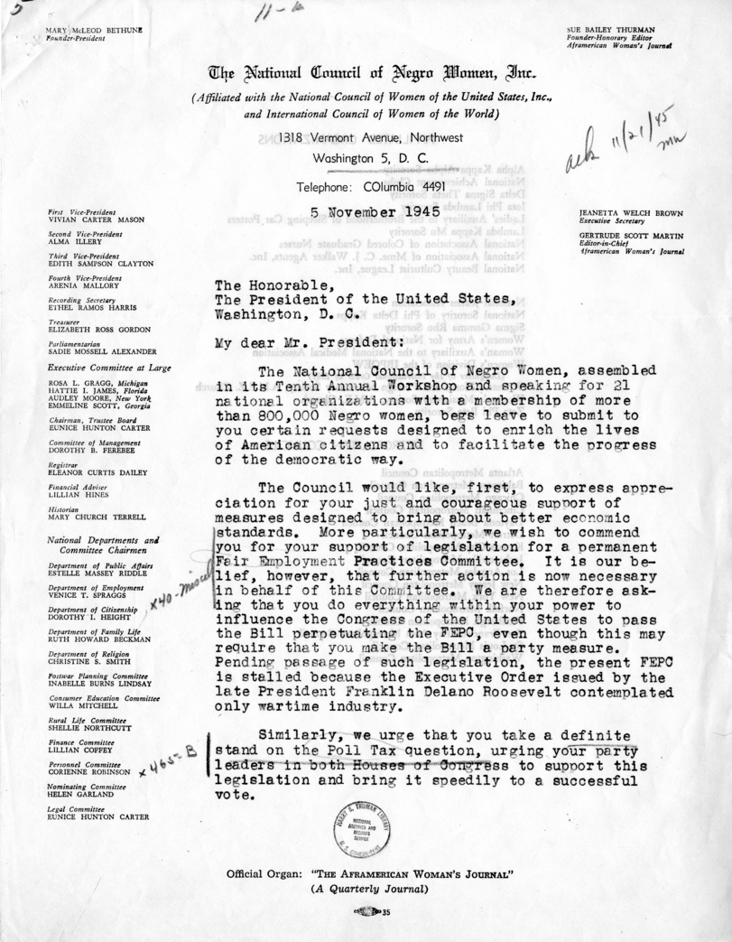Correspondence Between Mary McLeod Bethune, Harry S. Truman and William D. Hassett