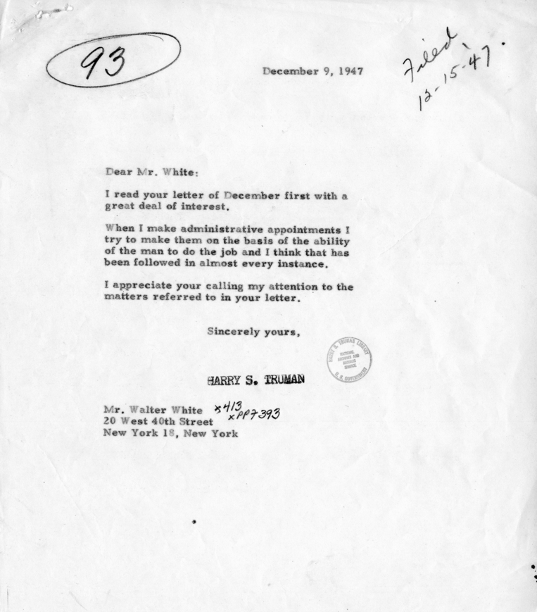 Correspondence Between Walter White, Harry S. Truman and Jesse Donaldson
