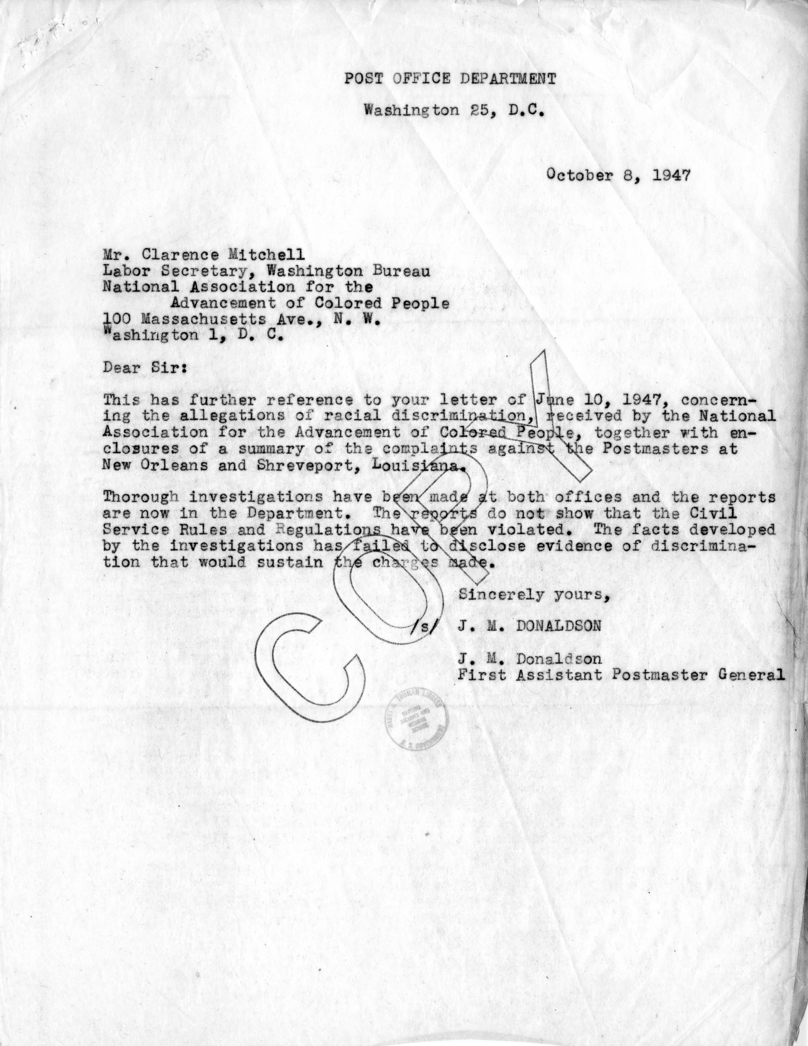 Correspondence Between Walter White, Harry S. Truman and Jesse Donaldson