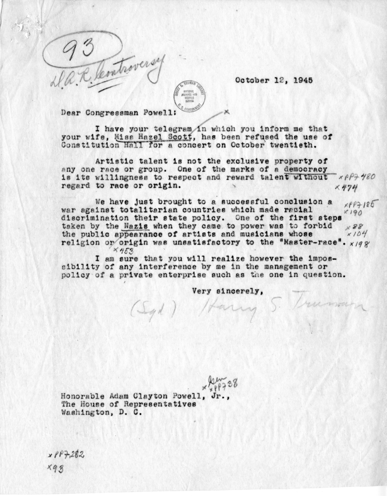 Harry S. Truman to Adam Clayton Powell, Jr., With Attached Telegrams and Press Releases