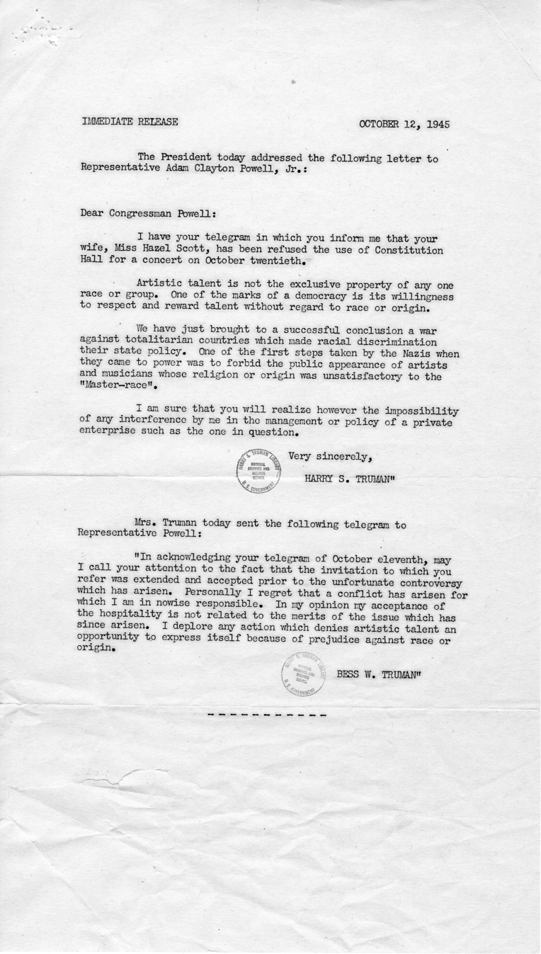 Harry S. Truman to Adam Clayton Powell, Jr., With Attached Telegrams and Press Releases