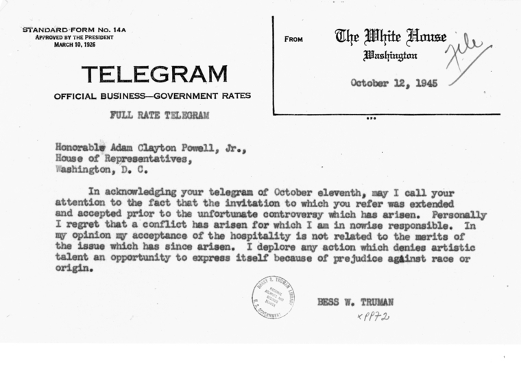 Harry S. Truman to Adam Clayton Powell, Jr., With Attached Telegrams and Press Releases