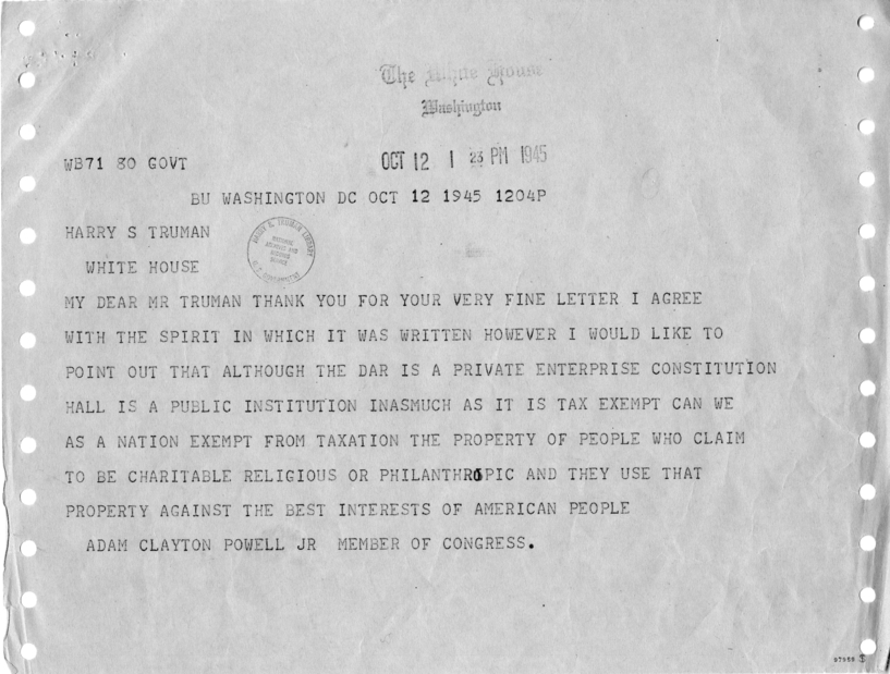 Harry S. Truman to Adam Clayton Powell, Jr., With Attached Telegrams and Press Releases