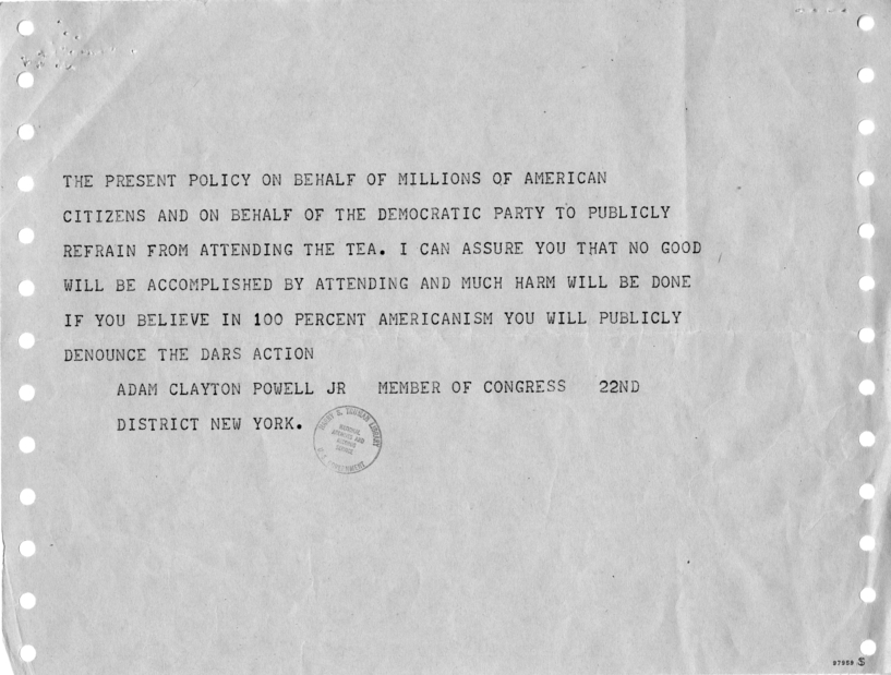 Harry S. Truman to Adam Clayton Powell, Jr., With Attached Telegrams and Press Releases