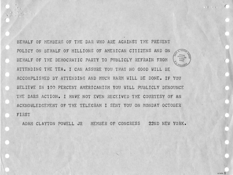 Harry S. Truman to Adam Clayton Powell, Jr., With Attached Telegrams and Press Releases