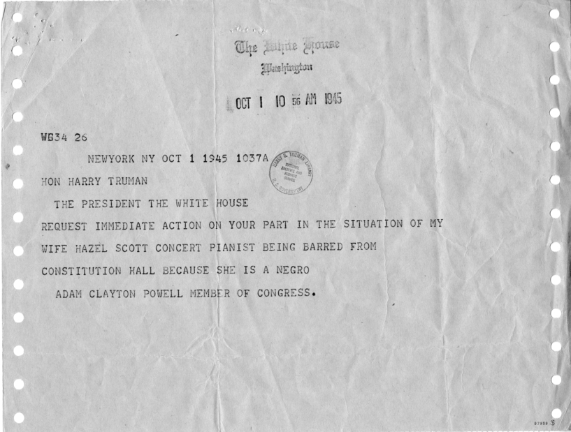 Harry S. Truman to Adam Clayton Powell, Jr., With Attached Telegrams and Press Releases