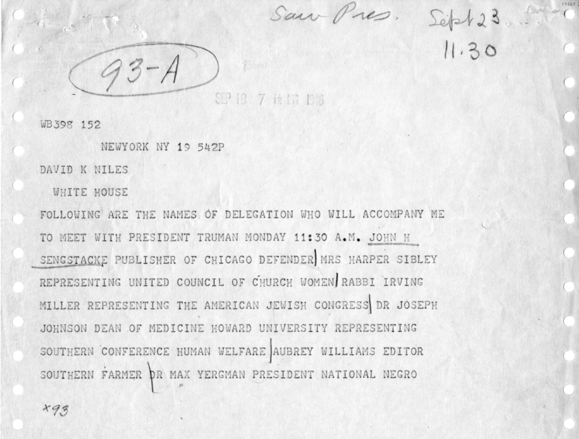 Telegram, Paul Robeson to David K. Niles, With Attachments