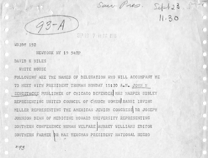 Telegram, Paul Robeson to David K. Niles, With Attachments