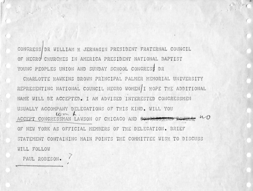 Telegram, Paul Robeson to David K. Niles, With Attachments