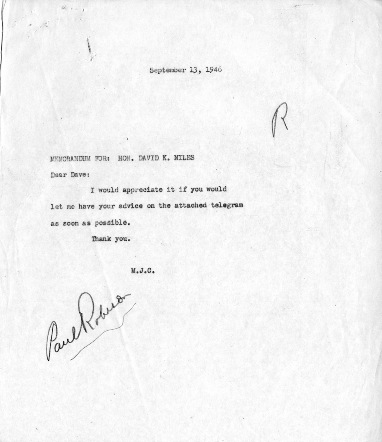 Telegram, Paul Robeson to David K. Niles, With Attachments