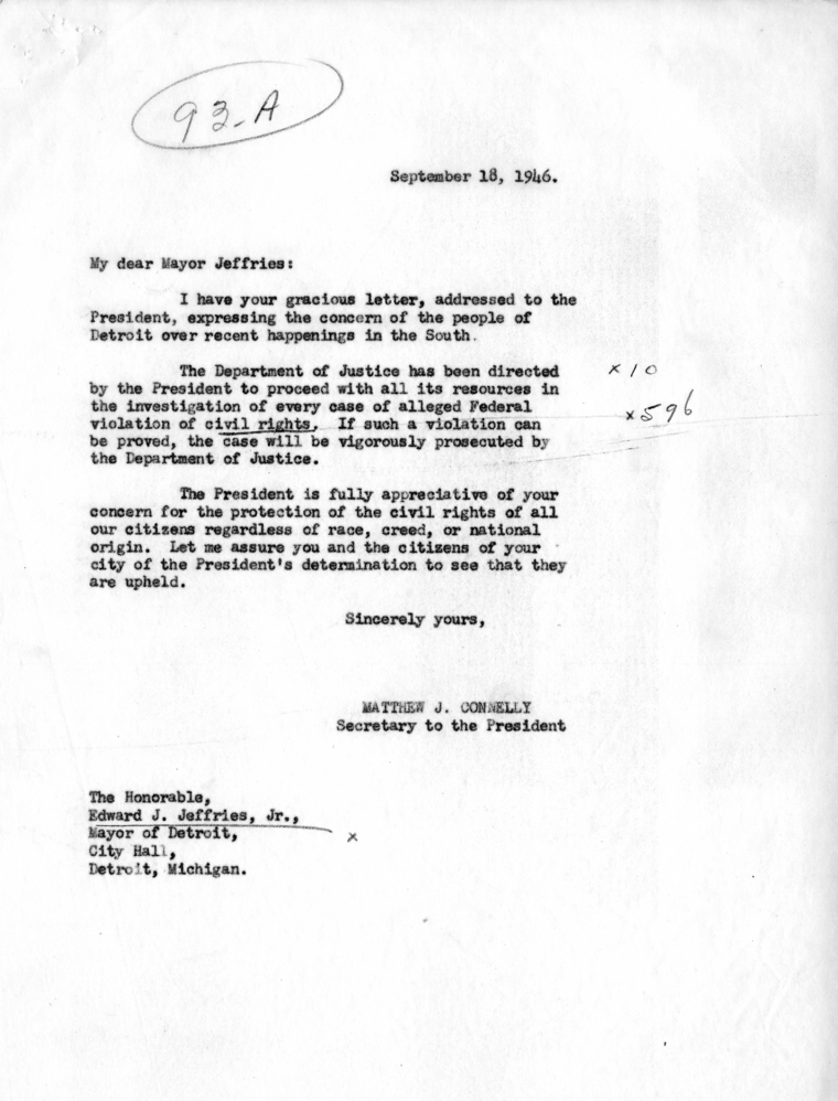 Edward J. Jeffries to Harry S. Truman, with Reply from Matthew Connelly