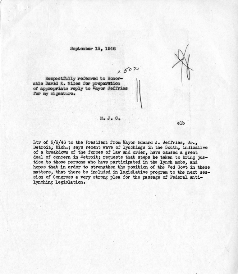 Edward J. Jeffries to Harry S. Truman, with Reply from Matthew Connelly