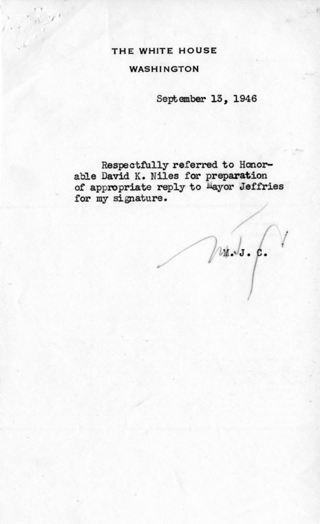 Edward J. Jeffries to Harry S. Truman, with Reply from Matthew Connelly