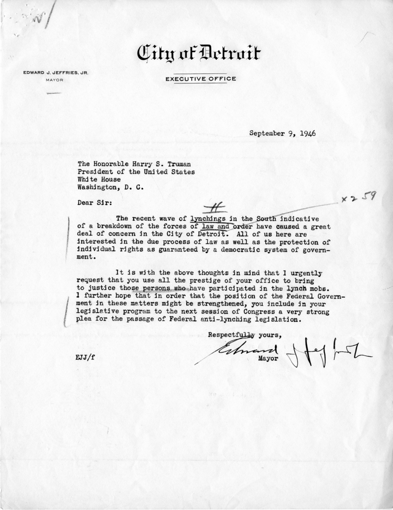 Edward J. Jeffries to Harry S. Truman, with Reply from Matthew Connelly