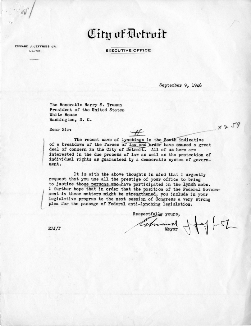 Edward J. Jeffries to Harry S. Truman, with Reply from Matthew Connelly