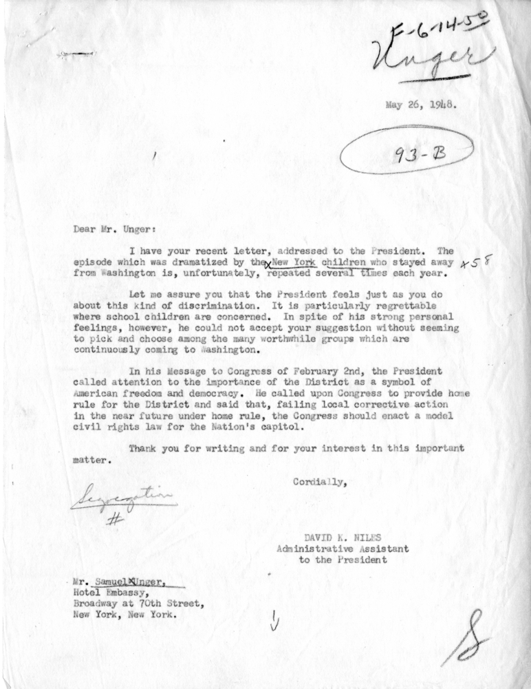 Correspondence Between David K. Niles, Samuel Unger, and Harry S. Truman, With Attached Note