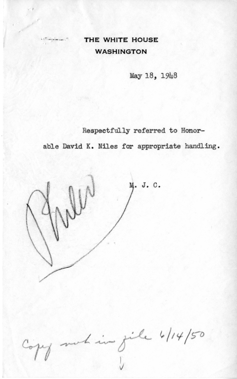 Correspondence Between David K. Niles, Samuel Unger, and Harry S. Truman, With Attached Note