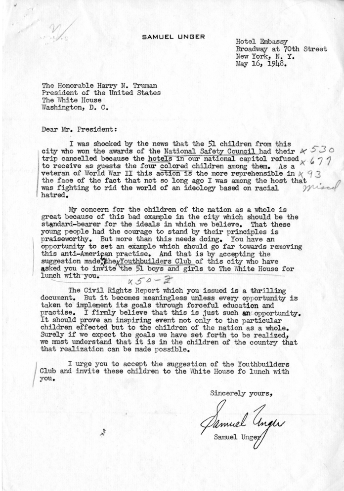 Correspondence Between David K. Niles, Samuel Unger, and Harry S. Truman, With Attached Note