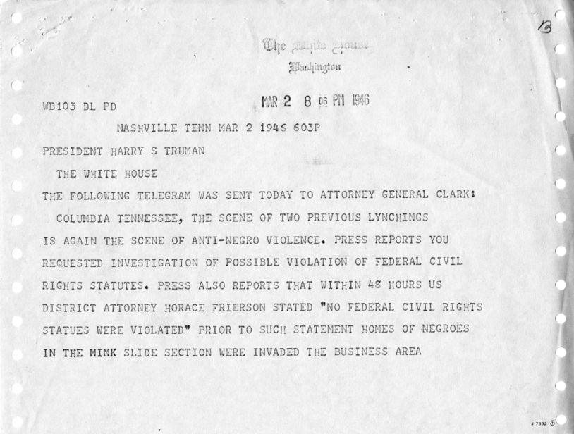 David K. Niles to Clark H. Forman, With Attached Telegram from Clark H. Forman to Harry S. Truman