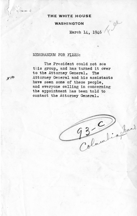 Memorandum for Files, With Attached Telegram to Harry S. Truman