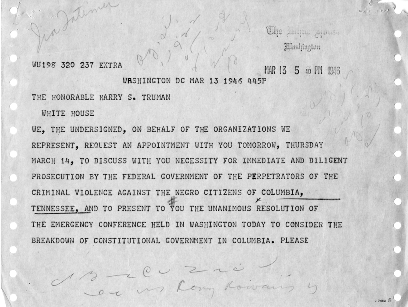 Memorandum for Files, With Attached Telegram to Harry S. Truman