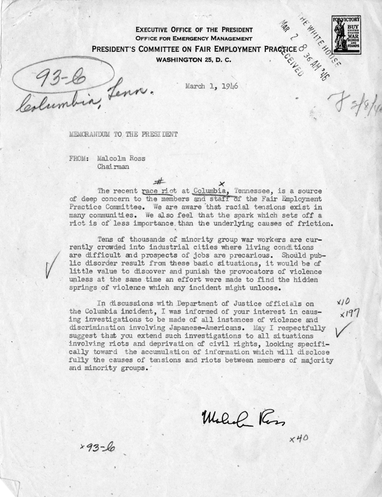 Memorandum, Malcolm Ross to Harry S. Truman