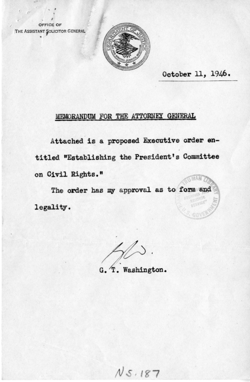 Memorandum, G.T. Washington to Tom C. Clark, With Attached List of Names Submitted for a President&rsquo;s Committee on Civil Liberties