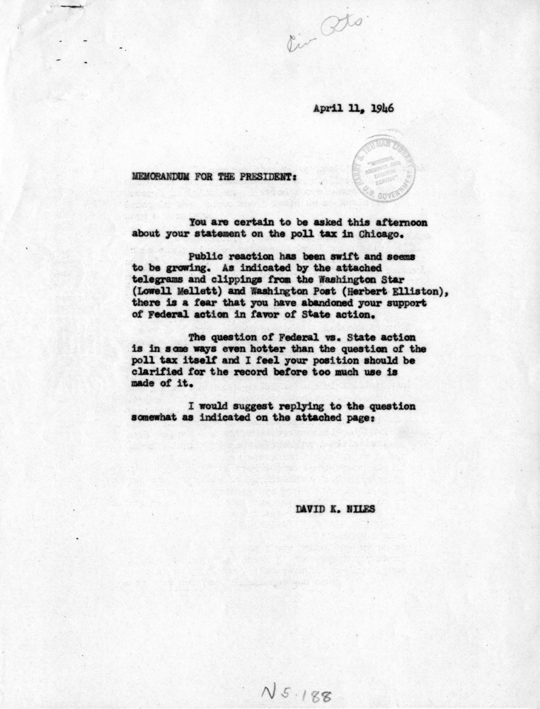 Memorandum, David K. Niles to Harry S. Truman