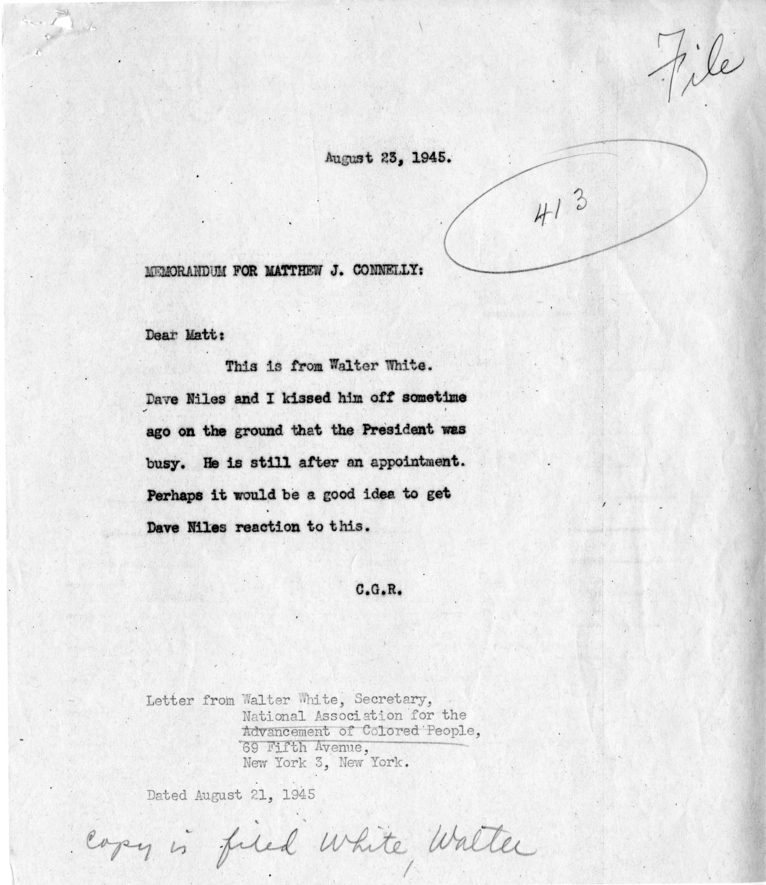 Memorandum, Charles G. Ross to Matthew J. Connelly, With Attached Letter From Walter White