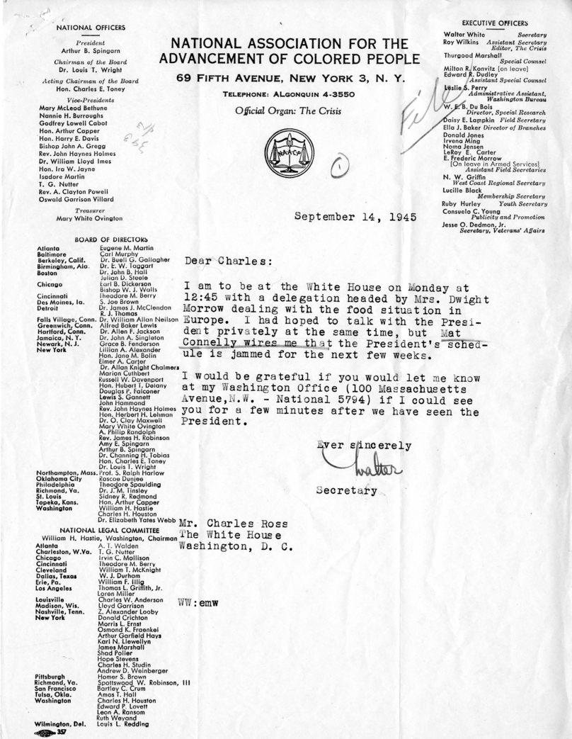 Memorandum, Charles G. Ross to Matthew J. Connelly, With Attached Letter From Walter White