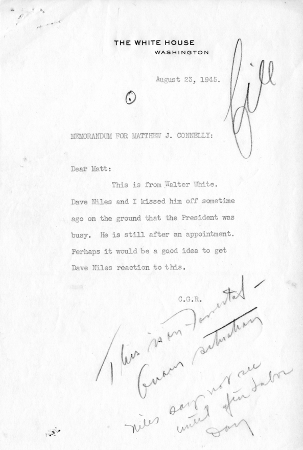 Memorandum, Charles G. Ross to Matthew J. Connelly, With Attached Letter From Walter White