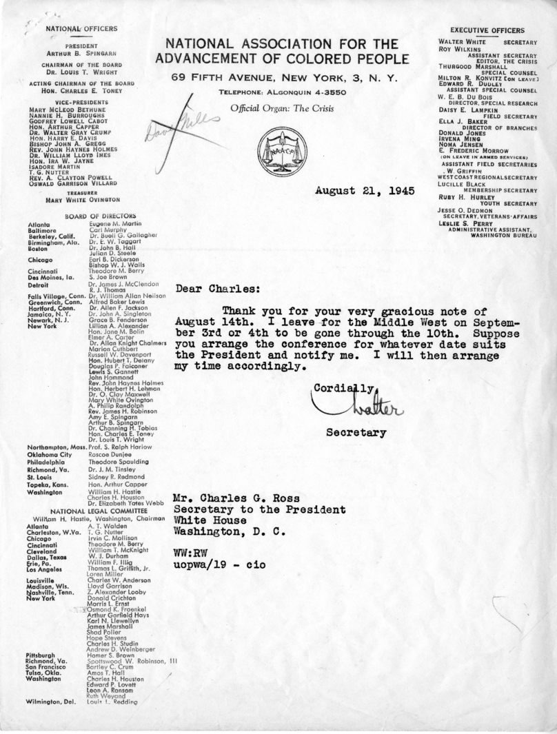 Memorandum, Charles G. Ross to Matthew J. Connelly, With Attached Letter From Walter White