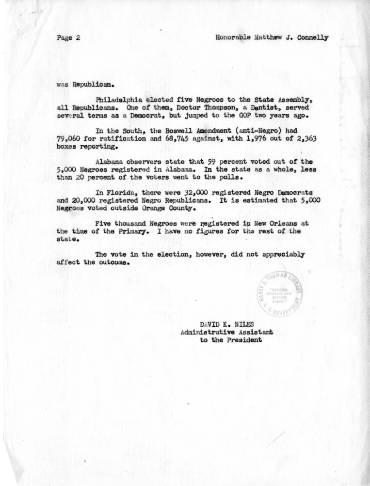 Memorandum, David K. Niles to Matthew J. Connelly