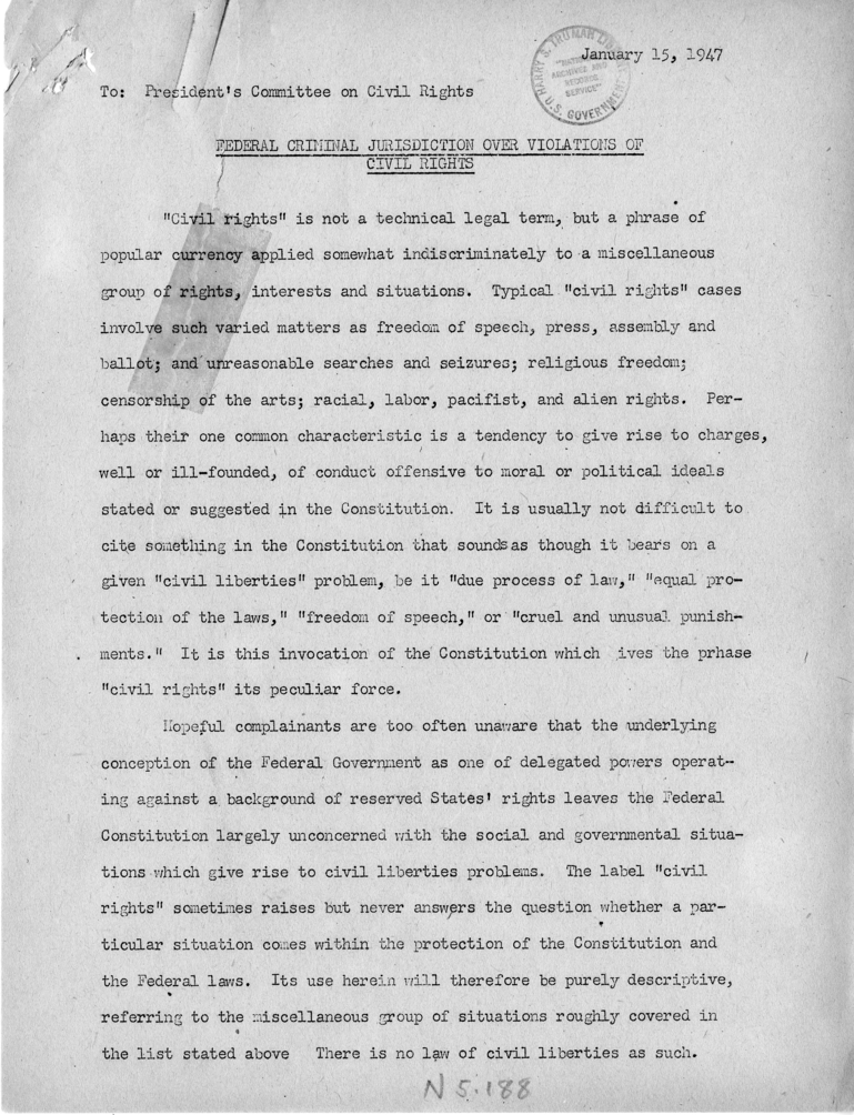 Report to President&rsquo;s Committee on Civil Rights,  &quot;Federal Criminal Jurisdiction Over Violations of Civil Rights&quot;