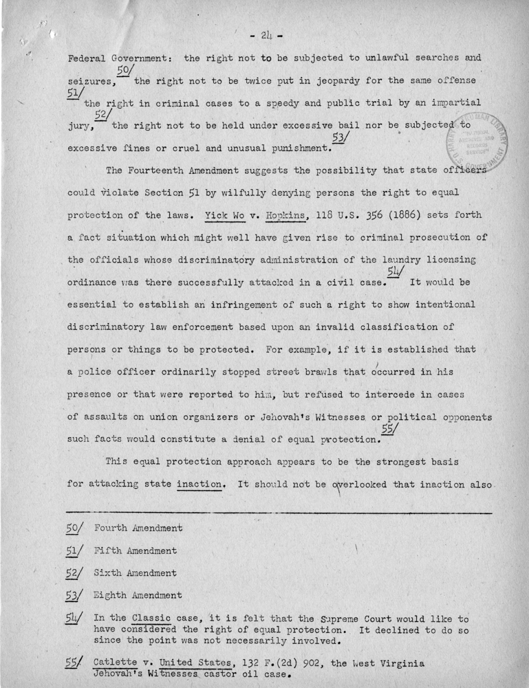 Report to President&rsquo;s Committee on Civil Rights,  &quot;Federal Criminal Jurisdiction Over Violations of Civil Rights&quot;