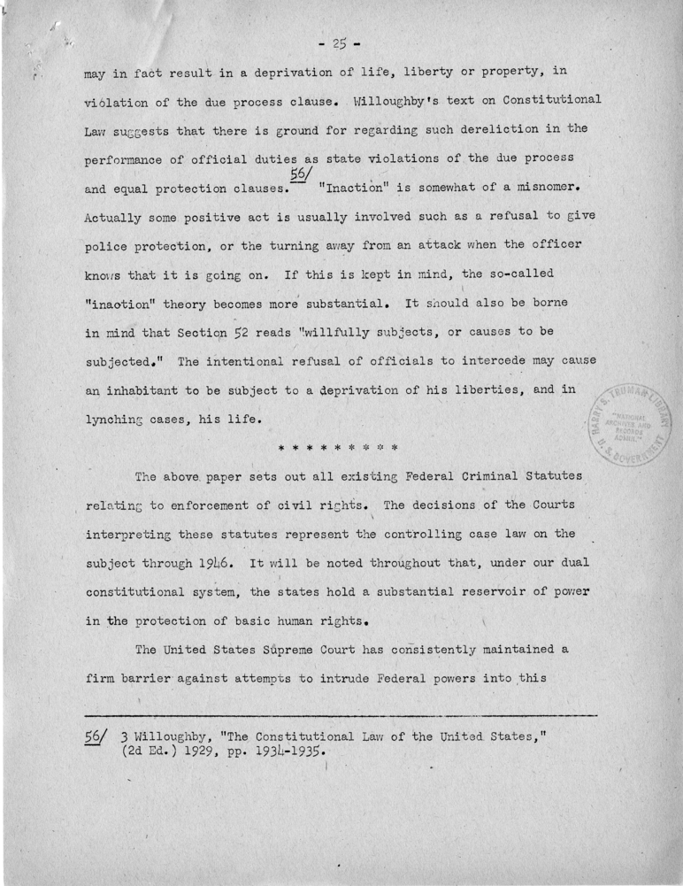 Report to President&rsquo;s Committee on Civil Rights,  &quot;Federal Criminal Jurisdiction Over Violations of Civil Rights&quot;